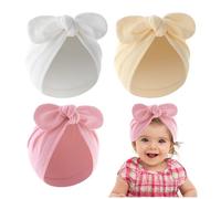 HDGSAFD Lot de 3 Bonnets Turban Unis pour Bébé - Avec Nœud - Tricotés - Jolis et Chauds - Pour Nouveau-né - Bandeaux (Blanc, Rose, Beige), M