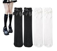 HDGSAFD Lot de 4 paires de chaussettes mi-longues pour femme avec nœud papillon - Longueur genou - Pour un ajustement uniforme - Chaussettes tubulaires pour filles, noir/blanc, taille unique