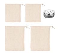 HDGSAFD Lot de 4 sacs en coton, 1 boule filtrante en acier inoxydable, sac à fruits, sac à cordon de serrage, sac de cuisine à haricots, sac de rangement en maille, beige, Taille unique
