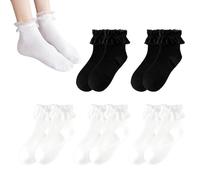 HDGSAFD Lot de 5 Paires de Chaussettes en Coton pour Femme - À Volants, en Dentelle, Mignonnes - Noir/Blanc, Taille