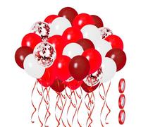 HDGSAFD Lot de 60 ballons ronds à confettis, 3 rouleaux de rubans rouges, ballons décoratifs, effet brillant, polyvalents, facile à utiliser, pour anniversaires et mariages