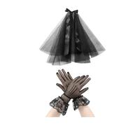 HDGSAFD Voile Noir, 1 Paire de Gants en Dentelle Noire, Voile Pompadour Multicouche, Voile de Mariée et d'Église, Accessoires de Mariage, Noir, Taille Unique