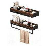 HDkxbf Étagère Murale Salle de Bain sans perçage, Rangement Douche Acier Carbone Aspect Bois, Organisateur Mural avec Rebord Anti-Chute, bac Amovible Lavable, pour Salle de Bain, Cuisine(Black,50CM)