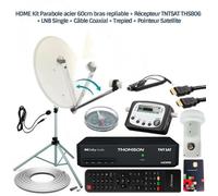 HDME Kit Parabole acier 60cm bras repliable + Récepteur TNTSAT THS806 + LNB Single + Câble Coaxial + Trepied + Pointeur Satellite