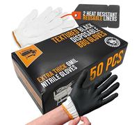 HDMNDD Kit de gants jetables noirs pour barbecue avec 50 poignées texturées lourdes et 2 gants résistants à la chaleur, lavables et réutilisables pour barbecue, gants de cuisine, viande
