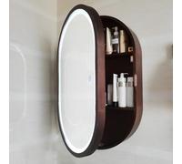 HDMOZUYT Miroir de Salle de Bain à LED 50 x 80 cm avec Meuble de Rangement et éclairage - Rabattable à 180° - Armoire à Pharmacie Murale Ovale en Bois (Noyer LED) (Noyer LED 50 x 80 cm)