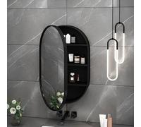 HDMOZUYT Miroir de Salle de Bain à LED 50 x 80 cm avec Meuble de Rangement et éclairage - Rabattable à 180° - Armoire à Pharmacie Murale Ovale en Bois (Noyer LED) (Noir 50 x 80 cm)
