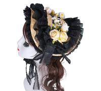 HDOYTXXM Chapeau de paille victorien avec dentelle froncées et fleurs de rose pour femmes Costume d'anime mode Chapeau moteur pour événements spéciaux Chapeaux élégants