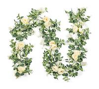 Hduacuge Lot de 2 Guirlandes D'Eucalyptus avec Rose Champagne, Guirlande de en Vrac, Feuilles D'Eucalyptus Florales en Soie Artificielle (A)