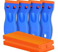 Hduacuge Lot de 4 Grattoirs à Lame de Rasoir en Plastique et 200 Lames, Outil de Retrait D'éTiquette pour Autocollants, Joints et Peintures sur FenêTre.