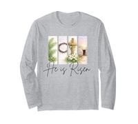 He is Risen Christian Easter Jésus Christ Vide Tombe Croix Manche Longue