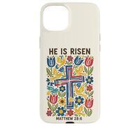 He is Risen Matthew 28:6 Croix de Pâques Florale Coque pour iPhone 15 Plus