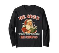He Sees What You've Been Reading Book Lover Funny Santa Manche Longue