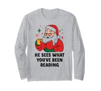 He Sees What You've Been Reading Santa Book Lover Christmas Manche Longue
