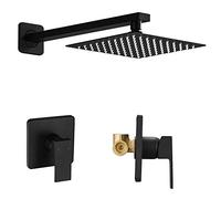 Heable Ensemble de robinet de douche noir mat, kit de garniture de douche à fonction unique avec valve brute, système de pommeau de douche carré à effet pluie inclus bras de douche extra long pour
