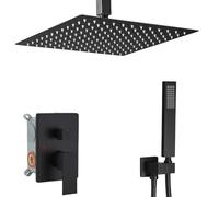 Heable Système de douche noir mat de 30,5 cm pour salle de bain, pommeau de douche à effet pluie, support de plafond avec pommeau de douche haute pression de luxe à main, corps de valve rugueux et