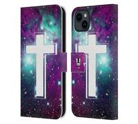 Head Case Designs Nébuleuse Papiers - Croix Étui Portefeuille en Cuir Compatible avec Apple iPhone 15 Plus