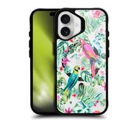 Head Case Designs sous Licence Officielle Ninola Floral Tropical Parrots Collection 2025-26 Black Shockproof Bumper Case [Military Grade] Compatible with Apple iPhone 16 and Compatible with MagSafe