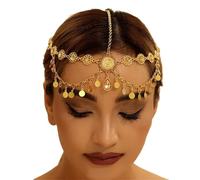 Head Chain for Women Gold Color Coins Tassel Bridal Rhinestone Hair Chain Headdress Wedding Accessories Headpiece pour les occasions spéciales et les festivals(Gold 2)