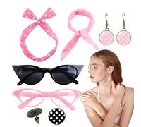 Headband, 1950s Outfit Accessories with Headband Drop Earrings, Vintage Print Dangle Chiffon Scarf Glasses, Retro Costume Set for Women, Red White, 130g