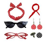 Headband, 1950s Outfit Accessories with Headband Drop Earrings, Vintage Print Dangle Chiffon Scarf Glasses, Retro Costume Set for Women, Red White, 130g