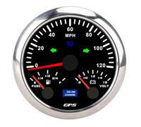 Headerbs Compteur GPS Vitesse 85mm 120mph 3 en 1 Voltmètre (Cadran noir | Jauge de Niveau de Carburant, Entrée DC 8 à 16V, Rétroéclairage Sept Couleurs, Adaptation Camping-car Yacht Camion, Antenne