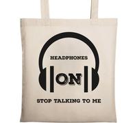 Headphones On Stop Talking to Me Sac fourre-tout en coton écologique naturel Beige
