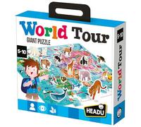 Headu - World Tour - Un Puzzle Géant de 108 Pièces | Jeu Éducatif 5-10 Ans, Carte du Monde 60 x 44 cm, Animaux 3D, Premières Notions de Géographie, Made in Italy