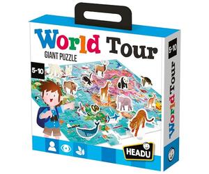 Headu - World Tour - Un Puzzle Géant de 108 Pièces | Jeu Éducatif 5-10 Ans, Carte du Monde 60 x 44 cm, Animaux 3D, Premières Notions de Géographie, Made in Italy