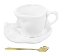 HEALEEP Ensemble de Tasse à Thé en Céramique Blanche Mate avec Soucoupe et Cuillère Motif Abstrait Visage 1 Tasse 200 Ml Mug Café Original pour Maison et Bureau Design Insolite