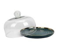 HEALEEP Plateau de Service Alimentaire 1 Pièce 23 Cm avec Cloche en Verre Transparent Bord Vert Doré, Plat de Rangement pour Gâteaux, Fruits et Desserts, Assiette Multifonction pour
