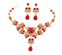 Healeved 2 Pièces Bijoux de Mariage Chinois pour Mariée Collier et Boucles Oreilles Décoratifs Rouge