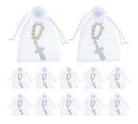 Healeved 40 Chapelets de Baptême en Perles de Bois avec Croix Bracelets Chapelet pour Première Communion Pochettes en Filet pour Présents de Naissance et Célébrations