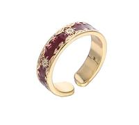 Healeved Bague Ouverte Émail Rouge Réglable Style Chinois Romantique pour Femmes Anneau Unique Fleur Décorée Zircon Quotidien Mariage Fête
