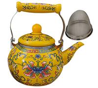 Healeved Bouilloire en émail avec poignée en céramique et infuseur 2,2 L - Théière classique à motif floral - Théière en acier pour cuisinière à induction, sans sifflement - Jaune