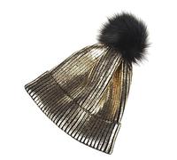 Healeved Chapeau en Cousu en Or Chapeau à Pompon Bonnet Métallique Brillant Mignon Chapeaux De Bee Femmes Bling Beanie Silver Metallic Pom Beanies Femmes Doré