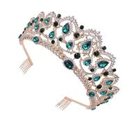Healeved Couronne de Mariage Baroque Strass Dorée et Verte, Serrage-tête Coiffure Femme Peigne Intégré, Accessoire Chic pour Mariage, Fête et Séance Photo, Bandeau Élégant et Lumineux