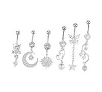 Healeved Lot de 6 Anneaux de Piercing Nombril en Acier Inoxydable Argenté, Bijoux de Ventre Féminin pour Soirée Plage et Mariage, Doux Peau, Taille Standard