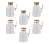 Healeved Lot de 6 Sets de Sets de Bocaux en Plastique Transparent Dépoli 100 G Bouchon en Liège Étanche et Cuillère en Bois, Porte-poudre pour Masque Polyvalent, Contenant Rechargeable