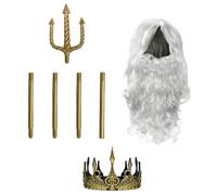 Healeved Lot de Costume Trident Doré et Couronne Ajustable en Abs Postiche et Barbe Factice pour Adultes, Design Mythologique Immersif pour Cosplay Halloween