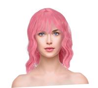 Healeved Perruque Courte Rose Ondulée Perruque Bou avec Frange Coiffure Cute et Naturelle pour Cosplay et Sorties