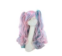 Healeved Perruque Longue Bouclée Multicolore Avec Deux Couettes Rose Et Bleu Costume Pour Halloween Et Cosplay Perruque Haute Température Et