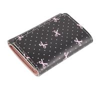 Healeved Petit Portefeuille Trois Volets Noir à Pois avec Nœud Décoratif, Cuir PU, 5 Emplacements Cartes, 1 Fenêtre Photo et Compartiment, Porte-Monnaie Compact Vintage pour Femme