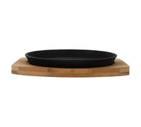 Healeved Plaque de cuisson avec base en bois | Poêle à fajitas ronde de 20 cm | Plaque de cuisson en fonte pour steaks, teppanyaki, usage intérieur et extérieur, camping