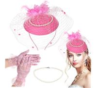 Healeved Set Accessoires Rétro pour Femmes avec Chapeau Fascinator Gants et Collier Perles et Confortable pour Tea Party Soirée Costumée et Garden Party
