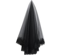 Healeved Voile Noir de Mariée en Polyester à Deux Couches pour Soirée Halloween ou Cosplay, Finition Soignée Dentelle Élégante pour Dames