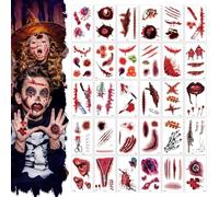 Healife Lot de 17 feuilles d'autocollants de tatouages pour Halloween, cicatrices et blessures, tatouages pour le visage pour enfants et adultes, accessoires de costume de vampire zombie