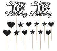 Healifty Lot de 10 set de Décorations de Gâteau « Joyeux 16E Anniversaire » Pailletées Noires avec Chiffres Pics D’Étoile et Cœur Accessoires pour Cupcakes pour Fête D’Adolescent