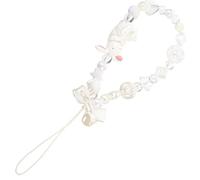 HEALLILY Dragonne de Téléphone pour Fêtes et Anniversaires en Perles Beige Breloque Lapin et Nœud en Acrylique, Décoration Antidérapante pour Mobiles et Appareils Photo
