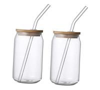 HEALLILY Lot de 2 tasses à eau en verre avec couvercles en bambou et pailles - Verres transparents portables pour jus de fruits et boissons froides - Usage domestique